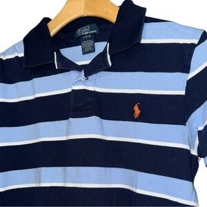 Polo Ralph Lauren L 14 16 Navy Light Blue White Striped Short Sleeve Polo Shirt